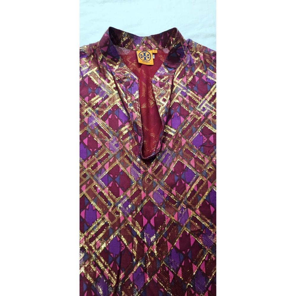 Tory Burch Metallic Geometric Diamond Print Tunic Blouse Burgundy Purple Size 10 - Picture 3 of 7